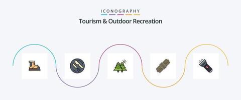 toerisme en buitenshuis recreatie lijn gevulde vlak 5 icoon pak inclusief licht. set. mes. pak. bomen vector
