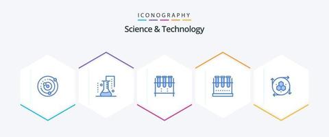 wetenschap en technologie 25 blauw icoon pak inclusief modellering sollicitatie. computer grafiek. wetenschap van er toe doen. test buis. laboratorium fles vector