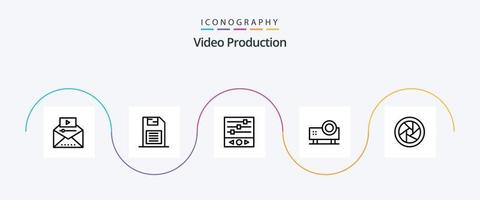 video productie lijn 5 icoon pak inclusief projector. multimediaal. sd kaart. geluid frequentie vector