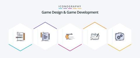 spel ontwerp en spel ontwikkeling 25 gevulde lijn icoon pak inclusief productie. aktentas. gamen. rol. missie vector