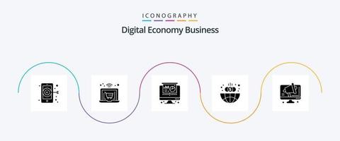 digitaal economie bedrijf glyph 5 icoon pak inclusief . spreker. taart. conferentie. wereldbol vector