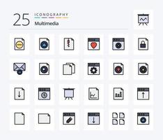 multimedia 25 lijn gevulde icoon pak inclusief mail. wolk. ritssluiting. op slot doen. document vector