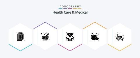 Gezondheid zorg en medisch 25 glyph icoon pak inclusief wiel stoel. medisch. cardiogram. Gezondheid. voedsel vector