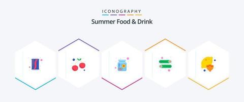 zomer voedsel en drinken 25 vlak icoon pak inclusief citroen. groente. drank. salade. komkommer vector