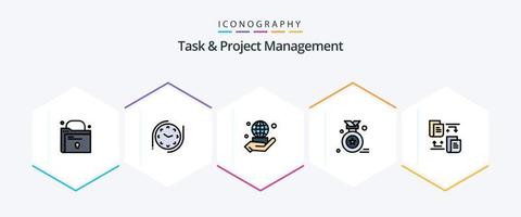 taak en project beheer 25 gevulde lijn icoon pak inclusief . document. bedrijf. overdracht. medaille vector