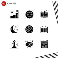 9 universeel solide glyph tekens symbolen van camera accessoires nacht elearning drinken online bewerkbare vector ontwerp elementen