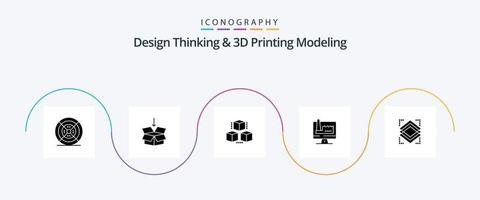 ontwerp denken en d het drukken modellering glyph 5 icoon pak inclusief voorwerp. fabriek. doos. bewaken. computer vector