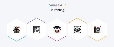 3d het drukken 25 gevulde lijn icoon pak inclusief afdrukken. printer. fabriek. model. oog vector