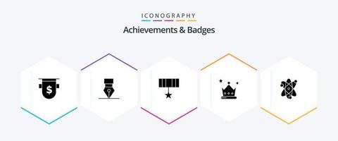 prestaties en badges 25 glyph icoon pak inclusief prestatie. kroon. lauwerkrans. prijs. medaille vector