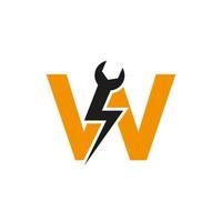 eerste brief w reparatie moersleutel en volt macht logo ontwerp voor reparatie, elektrisch teken vector sjabloon