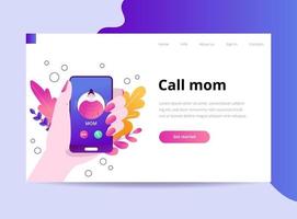 mama is aan de telefoon. inkomend gesprek op de smratphone. de hand houdt de telefoon vast. vector sjabloon voor bestemmingspagina en website. platte trendy illustratie ouderlijke zorg