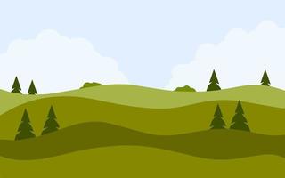 zomer landschap met groen heuvels. natuurlijk landschap. veld- met bomen en struiken. tekenfilm vlak illustratie vector