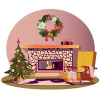 huis interieur met Kerstmis decoratie. Kerstmis boom met ballen, geschenk dozen, Kerstmis krans en haard. vector tekenfilm reeks van nieuw jaar decor voor leven kamer