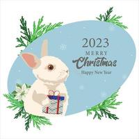 een schattig konijn houdt een Cadeau voor Kerstmis en nieuw jaar. banier met tekst vrolijk kerstmis. vakantie ansichtkaart. vector