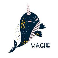 narwal tekst magie. schattig narwal walvis. grappig kinderen eenhoorn walvis tekening voor kinderen muur kunst. kawaii zee grafisch element. zee dier voor afdrukken ontwerp, affiches. vector tekenfilm karakter illustratie.