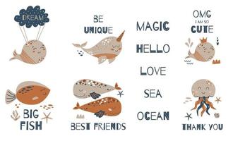 kinderen walvis illustratie. baby oceaan dier set. schattig schattig water dieren. schattig baby citaten. posters baby kamer vector tekenfilm uitrusting. zee walvis, narwal karakter. tekst droom Hallo dank u het beste vrienden.