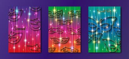 carnaval goud en kleur helling posters set, folder of uitnodiging ontwerp. feestelijk gouden kaarten. vector illustratie. elegant luxe kaartjes met patroon embleem. kleurrijk magie licht mode banners