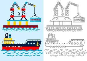 lading schip met kraan, kleur bladzijde of boek, vector tekenfilm illustratie