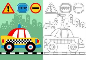 vector tekenfilm van taxi met verkeer teken Aan gebouw achtergrond, kleur boek of bladzijde