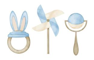 waterverf reeks met baby rammelaar, pinwheel en tandjes krijgen speelgoed. hand- getrokken illustratie van bijtring en draaimolen in schattig pastel blauw en beige. kinderachtig elementen Aan geïsoleerd achtergrond voor pasgeboren douche vector