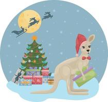 schattig Kerstmis illustratie beeltenis een Kerstmis boom met cadeaus en een schattig kangoeroe zittend in de buurt een Kerstmis boom met geschenken. de kerstman s rendier zijn in de lucht. kinderen s nieuw jaar s illustratie vector