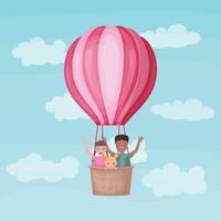 ballon met kinderen. verschillend zwart en wit kinderen in een heet lucht ballon. grappig kinderen zijn vliegend in een ballon en golvend hun handen. grappig reizigers. vector illustratie.