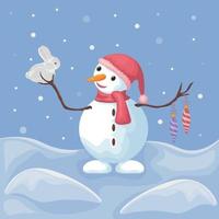 een sneeuwman met een konijn. winter illustratie beeltenis een schattig sneeuwman met Kerstmis boom speelgoed. een vrolijk sneeuwman in een hoed en sjaal houdt een konijn in zijn handen. vector illustratie van kerstmis.