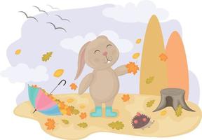 schattig konijn. herfst illustratie met tekenfilm konijn en egel. de haas verzamelt herfst bladeren in een paraplu. vector illustratie