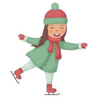 een meisje Aan schaatsen. schattig meisje in tekenfilm stijl. een vrolijk kind is het schaatsen Aan winter schaatsen. vector illustratie geïsoleerd Aan een wit achtergrond