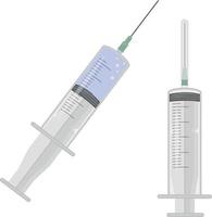 injectiespuiten met naalden . twee medisch injectiespuiten met geneeskunde en een leeg een. een medisch instrument voor de toediening van geneesmiddelen en vaccinaties. vector illustratie geïsoleerd