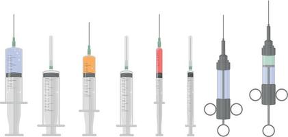 een reeks van medisch injectiespuiten van divers vormen en doeleinden. injectiespuiten voor injectie. beschikbaar en herbruikbaar wijnoogst injectiespuiten gevulde met geneesmiddel. vector