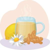 thee met citroen en gember. een heet kop van thee met kamille. geneeskrachtig afkooksel in een glas. vector illustratie