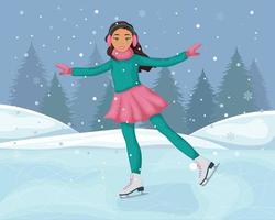 een meisje Aan schaatsen. winter illustratie met de beeld van een schattig glimlachen meisje het schaatsen. figuur het schaatsen Aan ijs. winter landschap met maan en met sneeuw bedekt Woud. vector