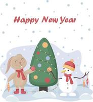 de Kerstmis konijn. schattig nieuw jaar s illustratie met de beeld van de symbool van de nieuw jaar, een konijn. een haas staat met een sneeuwman in de buurt een versierd Kerstmis boom. vector