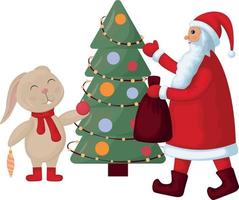 de kerstman claus met een konijn. Kerstmis illustratie beeltenis een schattig konijn met de kerstman claus en een Kerstmis boom. vector illustratie in tekenfilm stijl met de symbool van de nieuw jaar