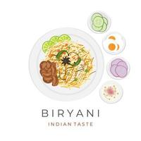 vlees biryani rijst- vector illustratie logo met scheiden kant schotel en saus