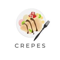 crêpe vector illustratie logo met chocola saus vers fruit en ijs room