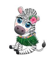 schattig zebra in hula danser kostuum, Hawaii, kind karakter. zomer vakantie, vakantie vector