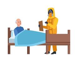 arts met bioveiligheidspak die oude man in bed bijwonen vector