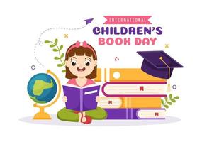 Internationale kinderen boek dag Aan april 2 illustratie met kinderen lezing of schrijven boeken in vlak tekenfilm hand- getrokken voor landen bladzijde Sjablonen vector