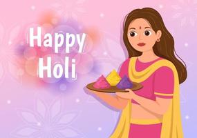 gelukkig holi festival illustratie met kleurrijk pot en poeder in Hindi voor web banier of landen bladzijde in vlak tekenfilm hand- getrokken Sjablonen vector