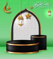 podium met Ramadan kareem concept. met goud decoratie, maan. ster, lantaarn. geïsoleerd Aan groen achtergrond met licht vlekken. voor toont, producten, advertenties, promo's, verkoop, enz. vector