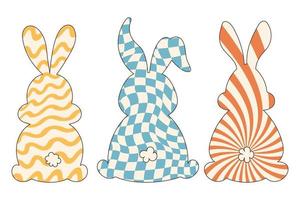 groovy hippie gelukkig Pasen. reeks van Pasen konijntjes met patronen in modieus retro Jaren 60 jaren 70 tekenfilm stijl. vector