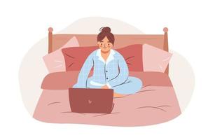 meisje gebruik makend van laptop in bed vervelend pyjama. bevoegd bedrijf vrouw of freelancer werken Aan computer Bij huis. vlak vector illustratie.