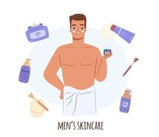 mannen huidsverzorging routine- concept. gelukkig jong vent in handdoek Holding een Product in hand. vector