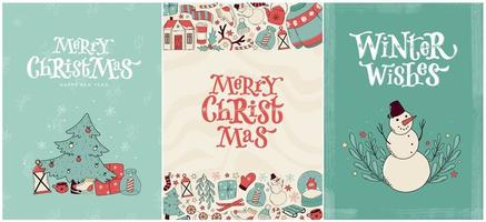Kerstmis kaarten, affiches, spandoeken, uitnodigingen ontwerpen versierd met doodles en belettering citaten. eps 10 vector