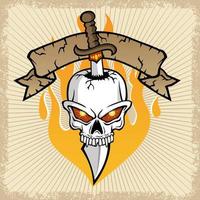 vector illustratie van zwaard doorboort de schedel met lint en vlam in grunge kader grens