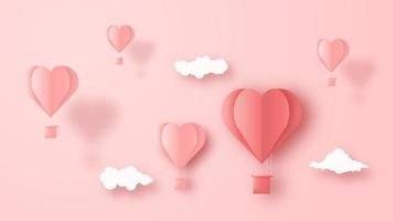 3d origami hete lucht ballon hart vliegen met wolk op hemelachtergrond. hou van conceptontwerp voor gelukkige moederdag, valentijnsdag, verjaardagsdag. vector papier kunst illustratie.