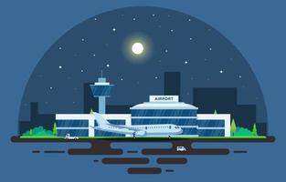 vliegtuig vliegtuig in landingsbaan luchthaven terminal gebouw landschap skyline illustratie vector