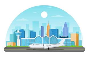 vliegtuig vliegtuig in landingsbaan luchthaven terminal gebouw landschap skyline illustratie vector